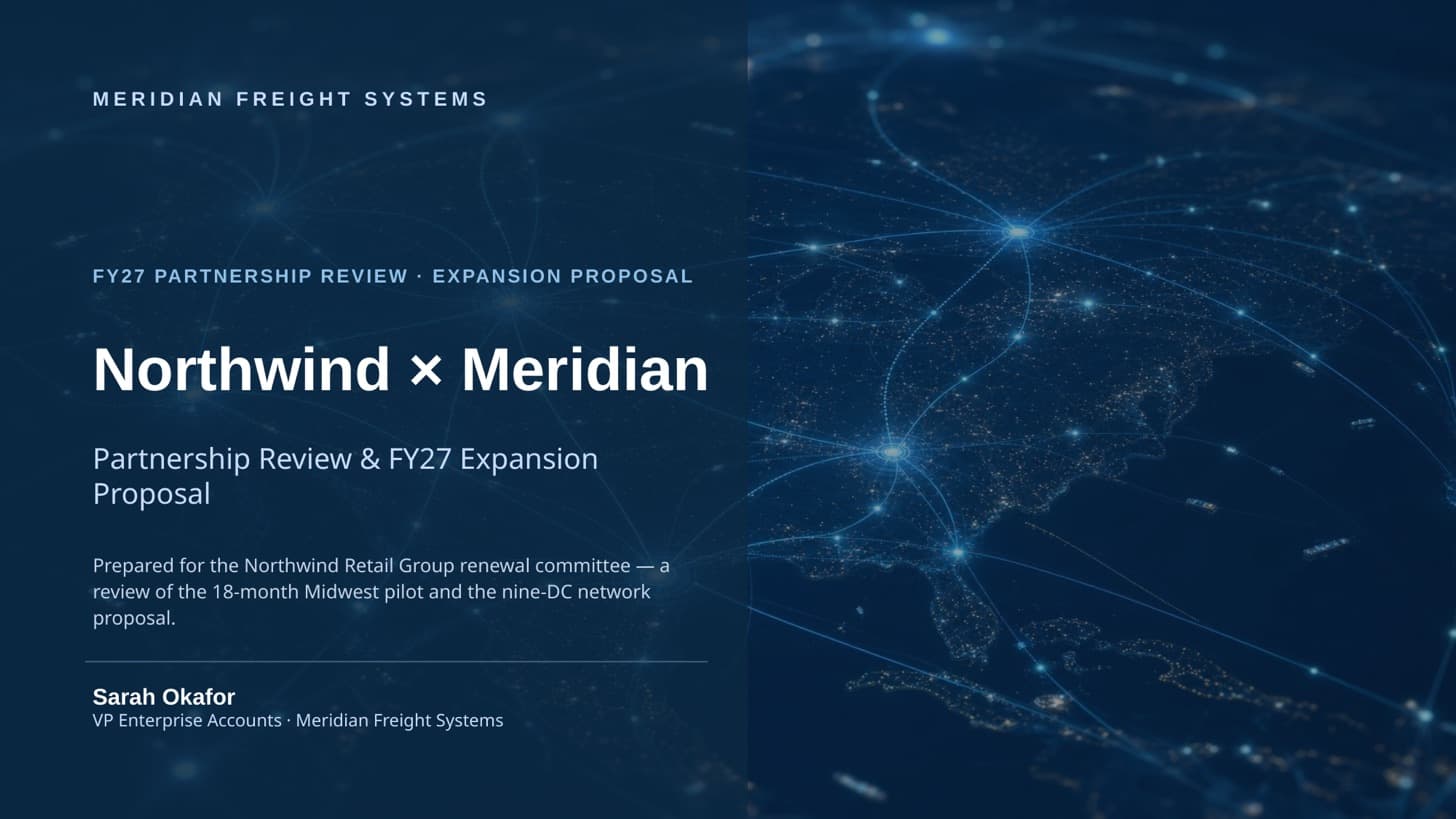 Title slide of Northwind × Meridian — an enterprise renewal and expansion proposal produced with AskDeck (fictional companies).